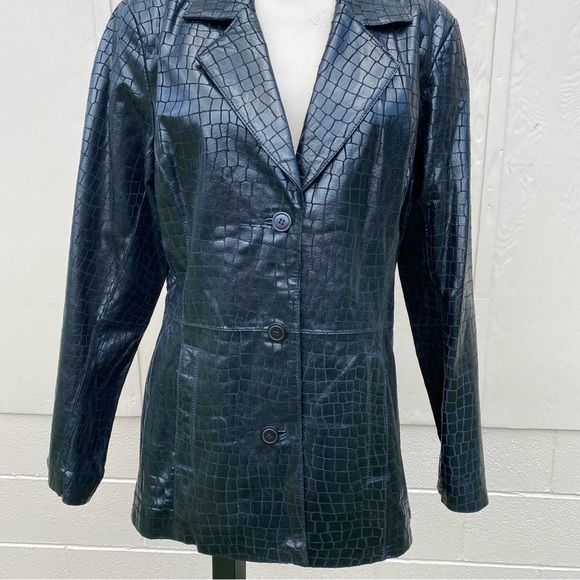 Dialogue Black Leather Jacket Croc Embossed Coat Lined Shimmer Size L Pockets - Picture 7 of 16